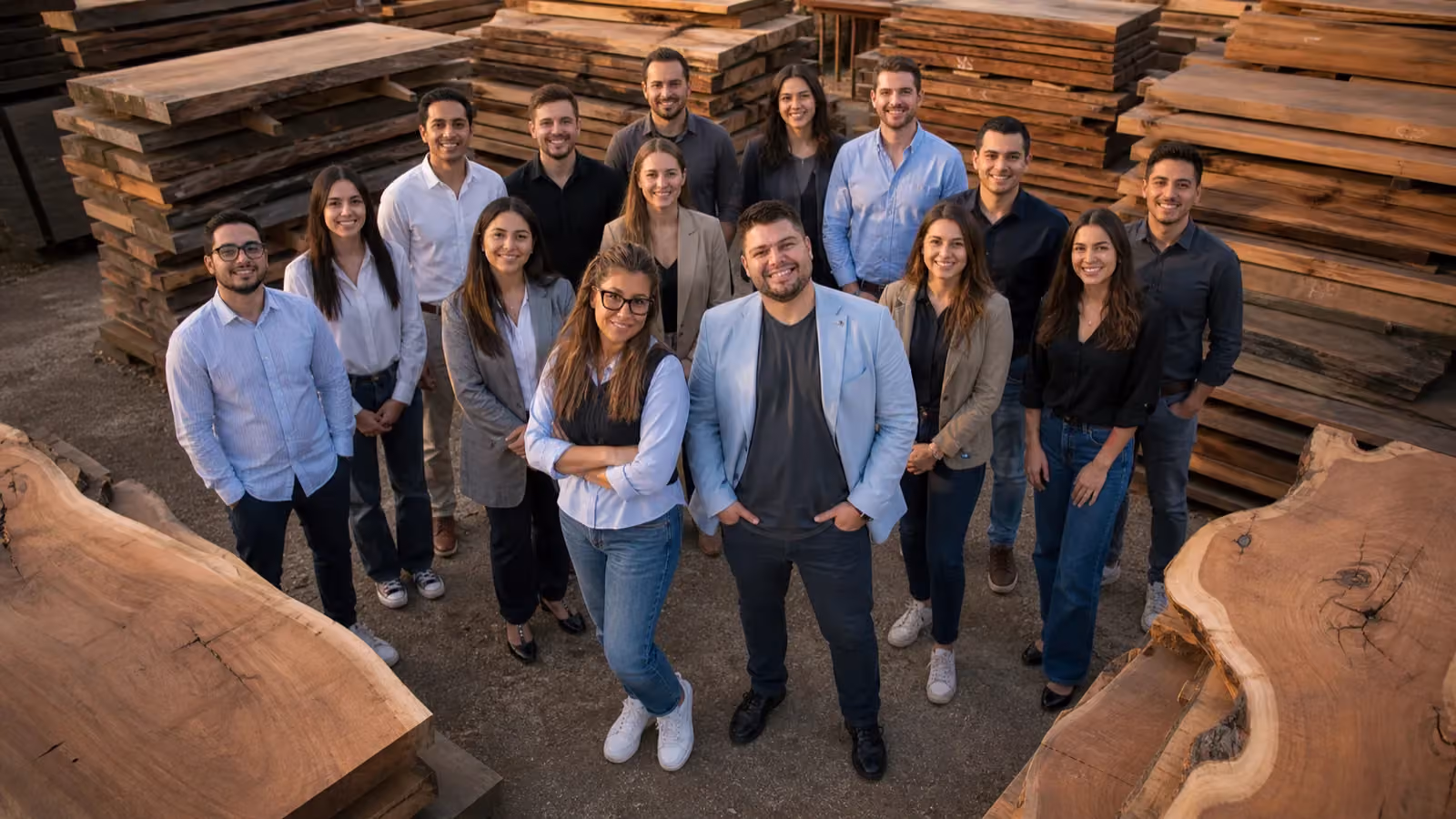 The KORENA team standing among stacked hardwood slabs at a partner yard.
