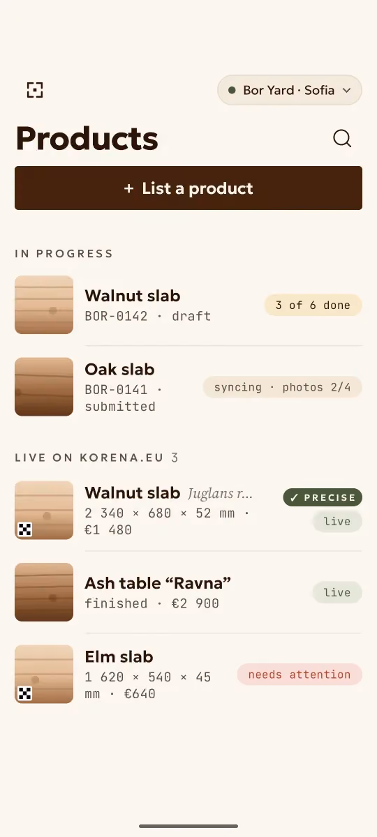 KORENA Partner app showing live listings and new orders