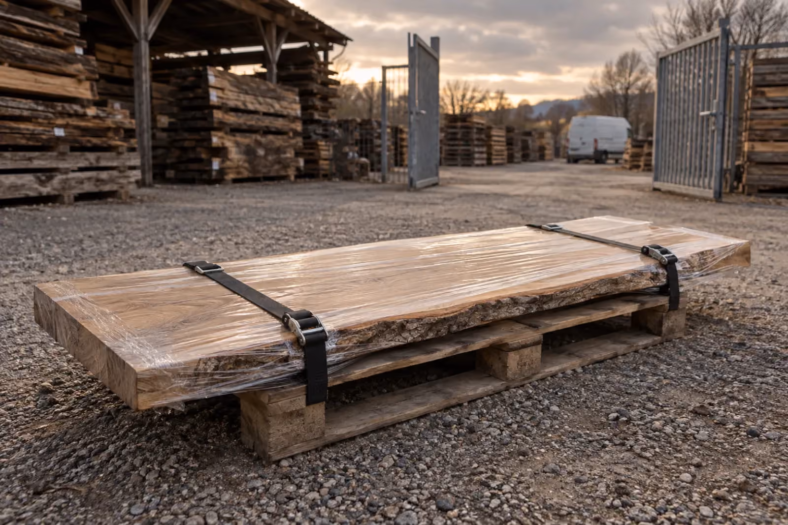 A hardwood slab wrapped on a pallet at the gate of a timber yard
