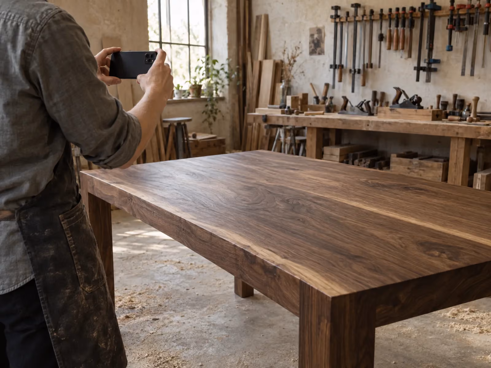 A woodworker photographing a finished walnut dining table